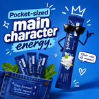 Promotional graphic for a pocket-sized mouth wash with cartoon character and text on a blue background