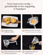 Step-by-step guide on how to juice oranges using a manual juicer with images and text.