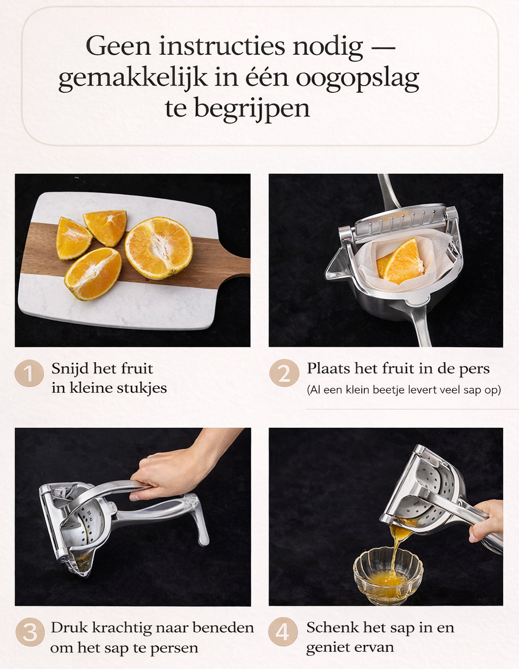 Step-by-step guide on how to juice oranges using a manual juicer with images and text.