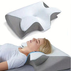 Ergonomic pillow with a person using it, featuring Oeko-Tex certification.