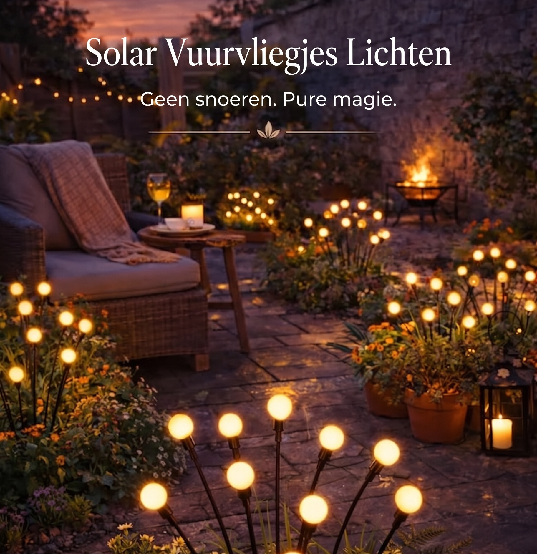 Garden scene with solar lights and outdoor furniture under a twilight sky.