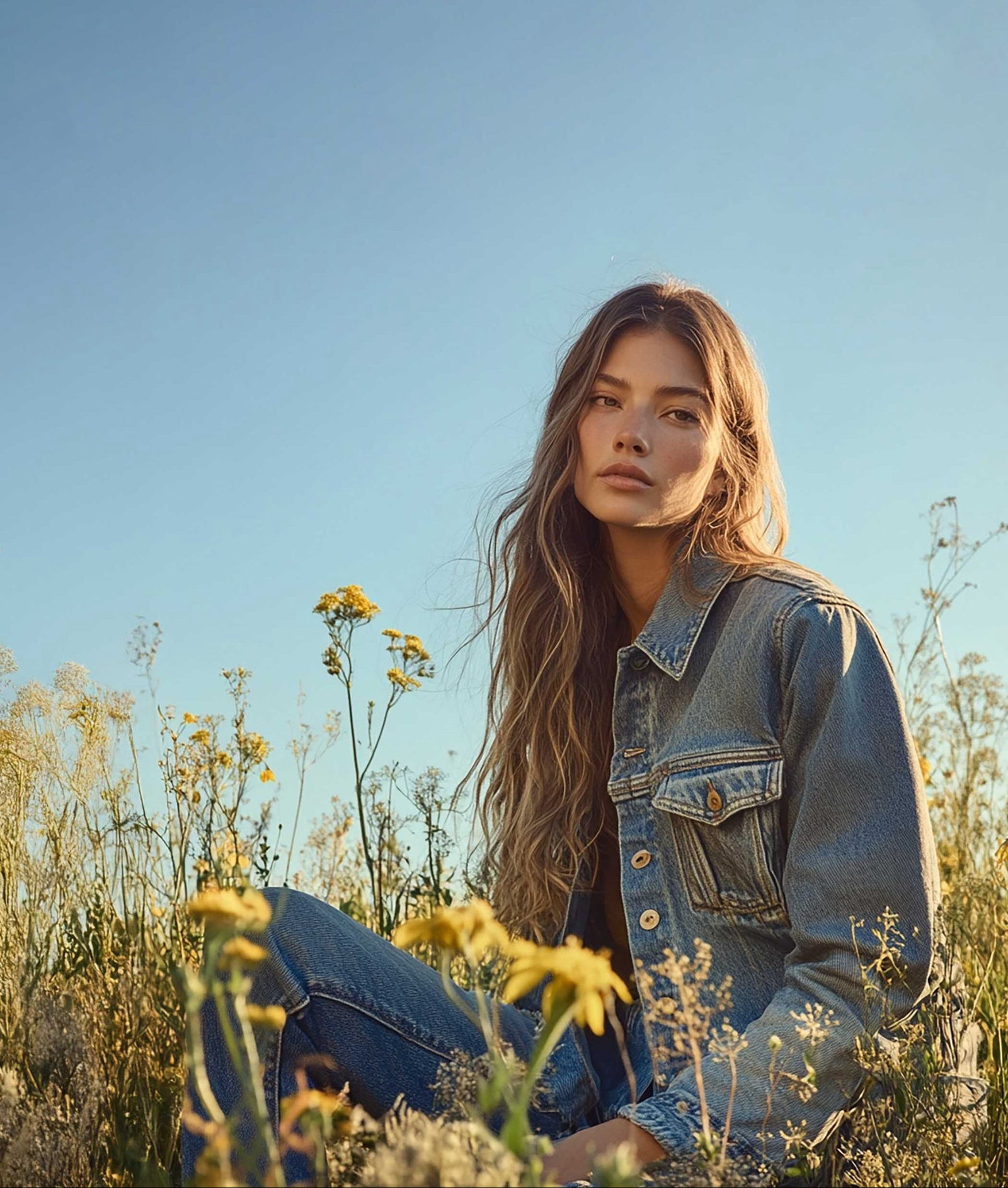 Woman sitting in a field of wildflowers with a clear blue sky.